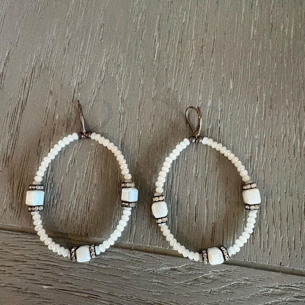 Elegant White Beaded Hoop Earrings Crystal designer pierced handmade $180 retail